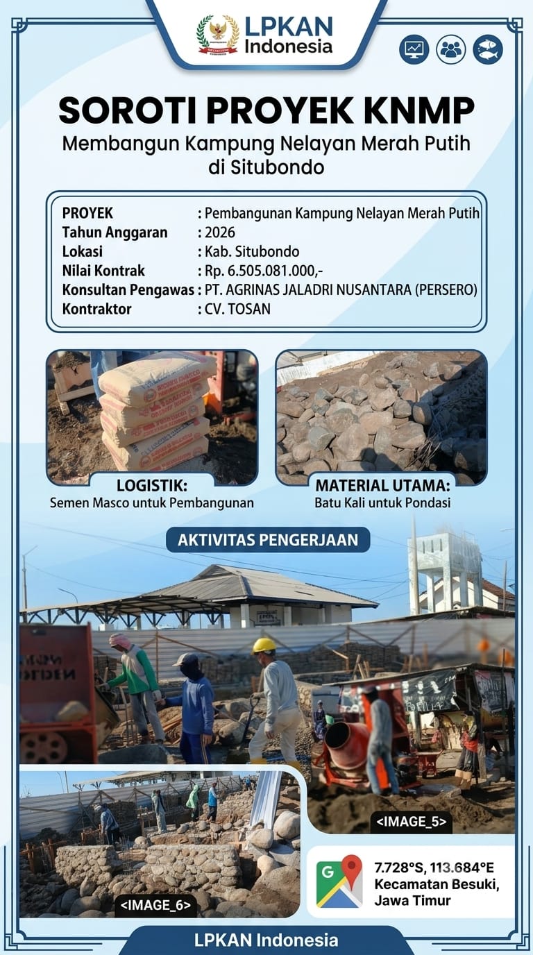 Proyek Kampung Nelayan Merah Putih Situbondo Senilai Rp6,5 Miliar Disorot LPKAN: Dugaan Pinjam Bendera CV, K3 dan Spesifikasi Material Dipertanyakan